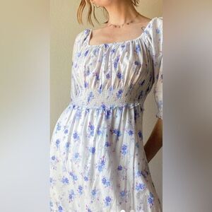LoveShackFancy White and Blue Smocked Puff Sleeve Dress